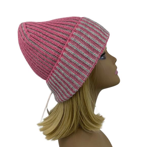 Two-Tone Pink wGrey Alpaca Wool Blend Rib Knit Cuffed Beanie by Aqua - Picture 6 of 10